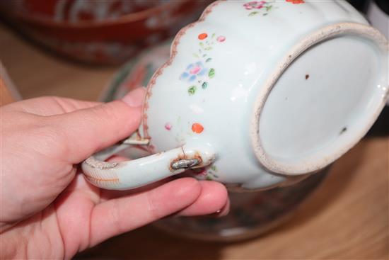 An 18th century Chinese sauceboat and bowl, and a 19th century Japanese Kutani bowl and another largest diameter 31cm